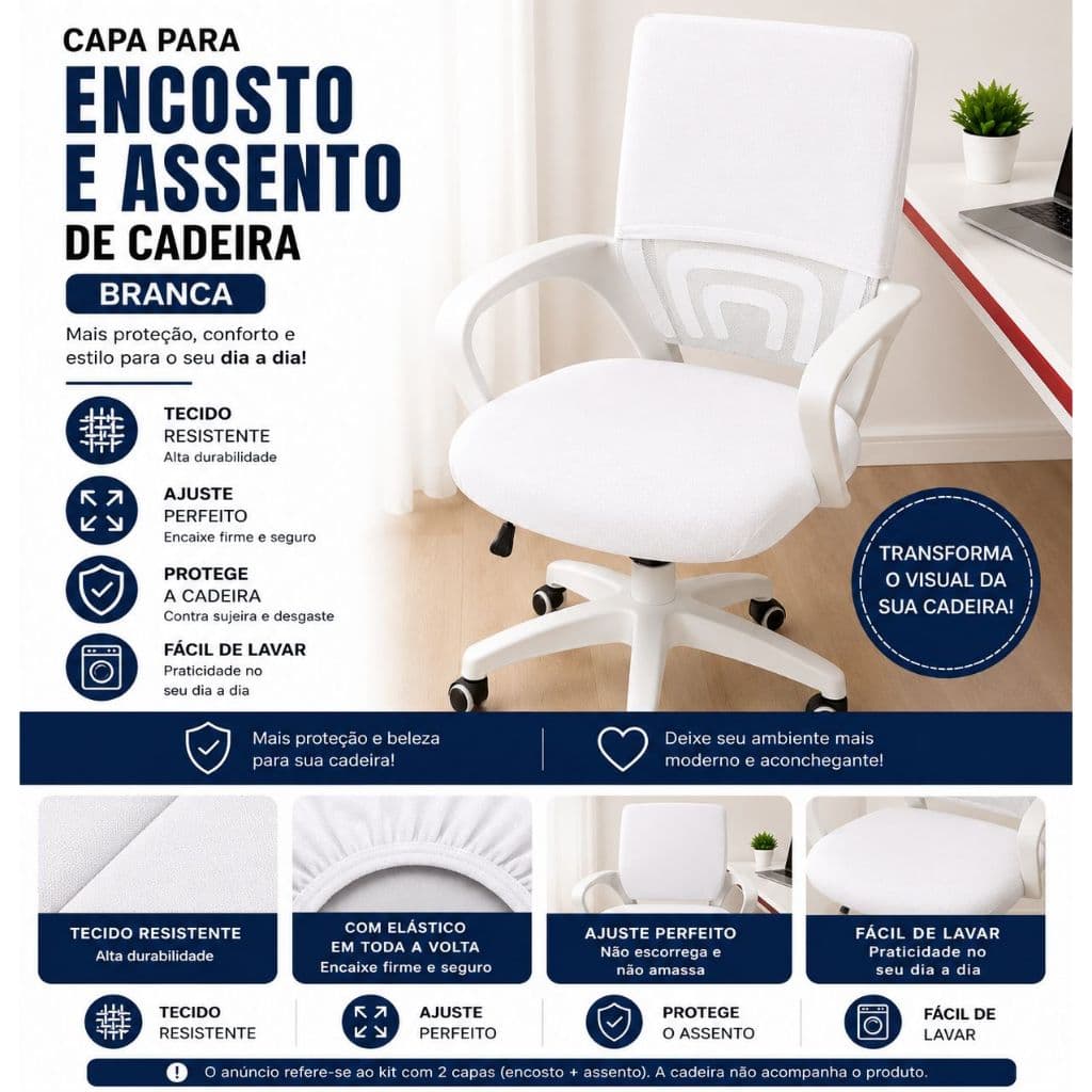 Kit Capa Para Encosto e Assento de Cadeira Escritório Elástico Universal