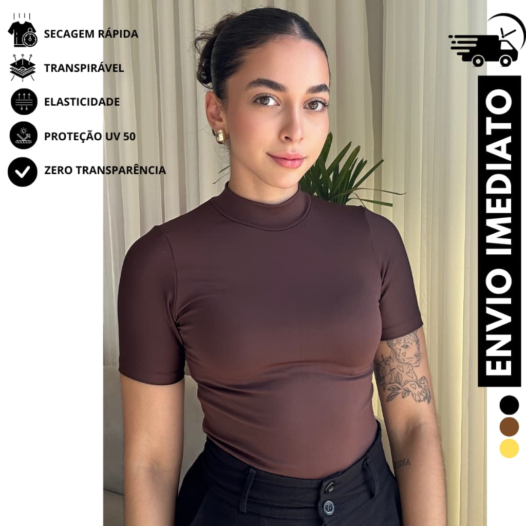 Blusa Feminina Elegante Manga Curta Gola Alta Manga Curta Slim Segunda Pele Basica Envio Rápido