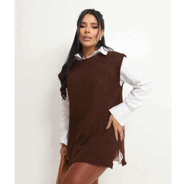 Colete Tricô Fangue Alongado Feminino com Fenda – Veste do 36 ao 46/48