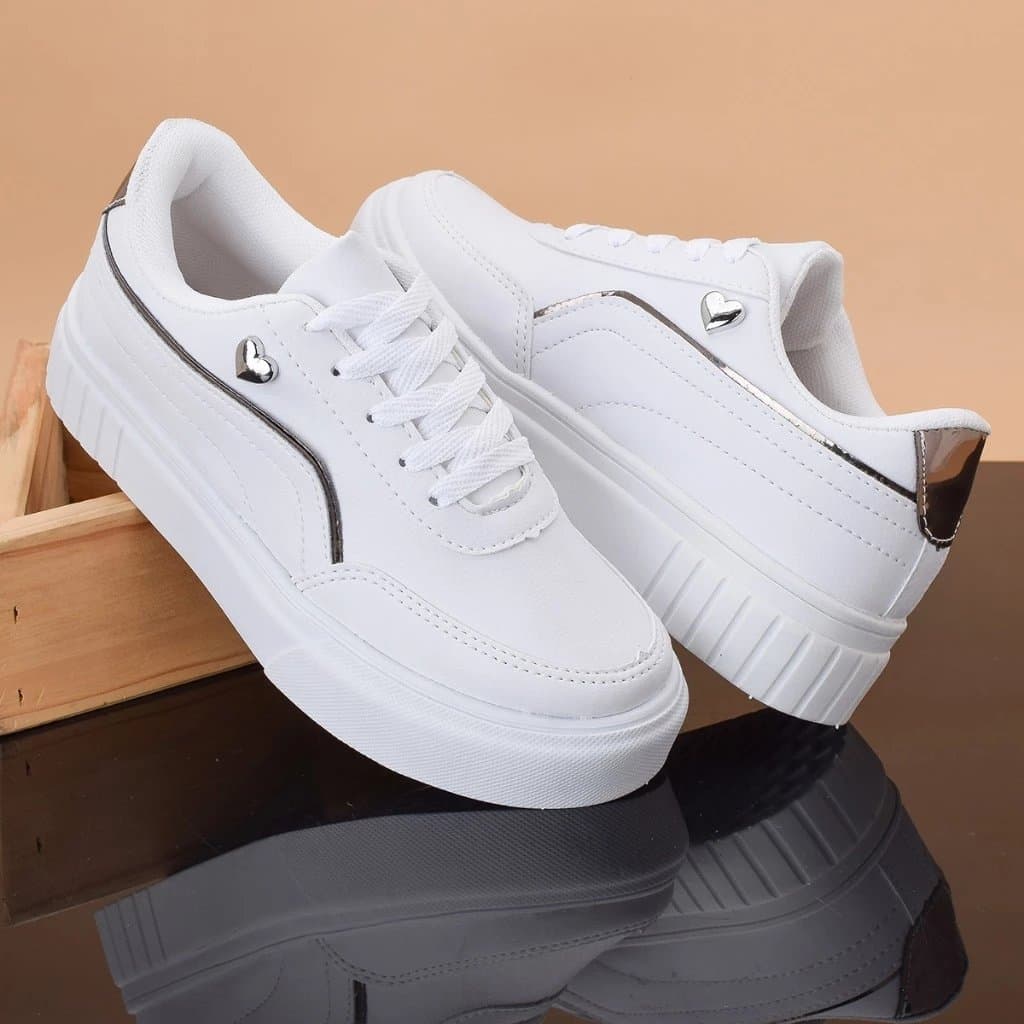Tenis Feminino Casual Coração Confortavel Prata ou Dourado oferta Barato