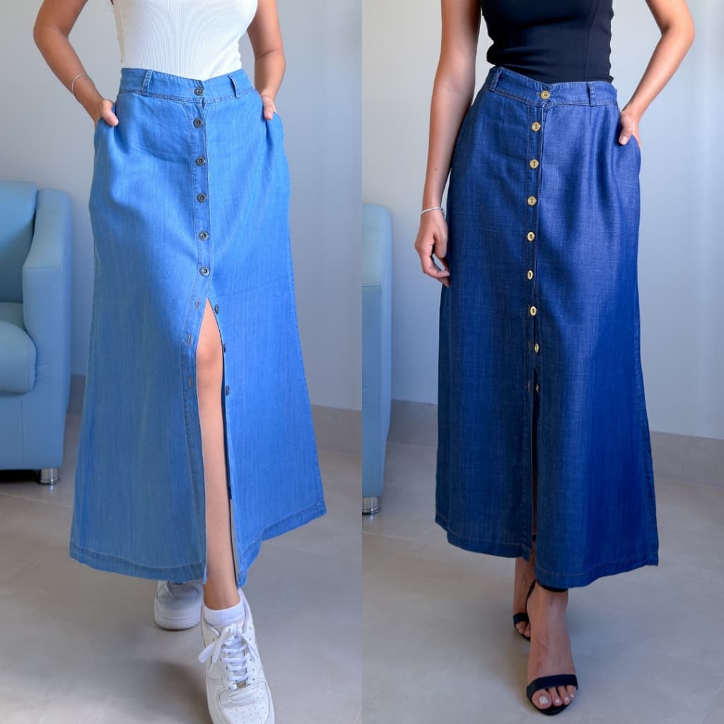 Saia jeans longa cintura alta com botões no comprimento