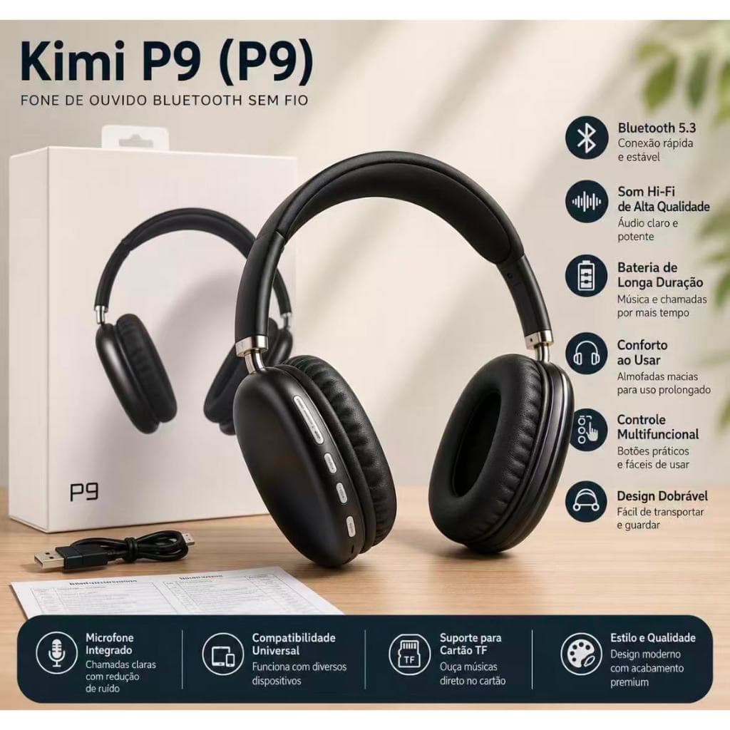 Headphone Bluetooth P9 Dobrável com Som Estéreo Hi-Fi