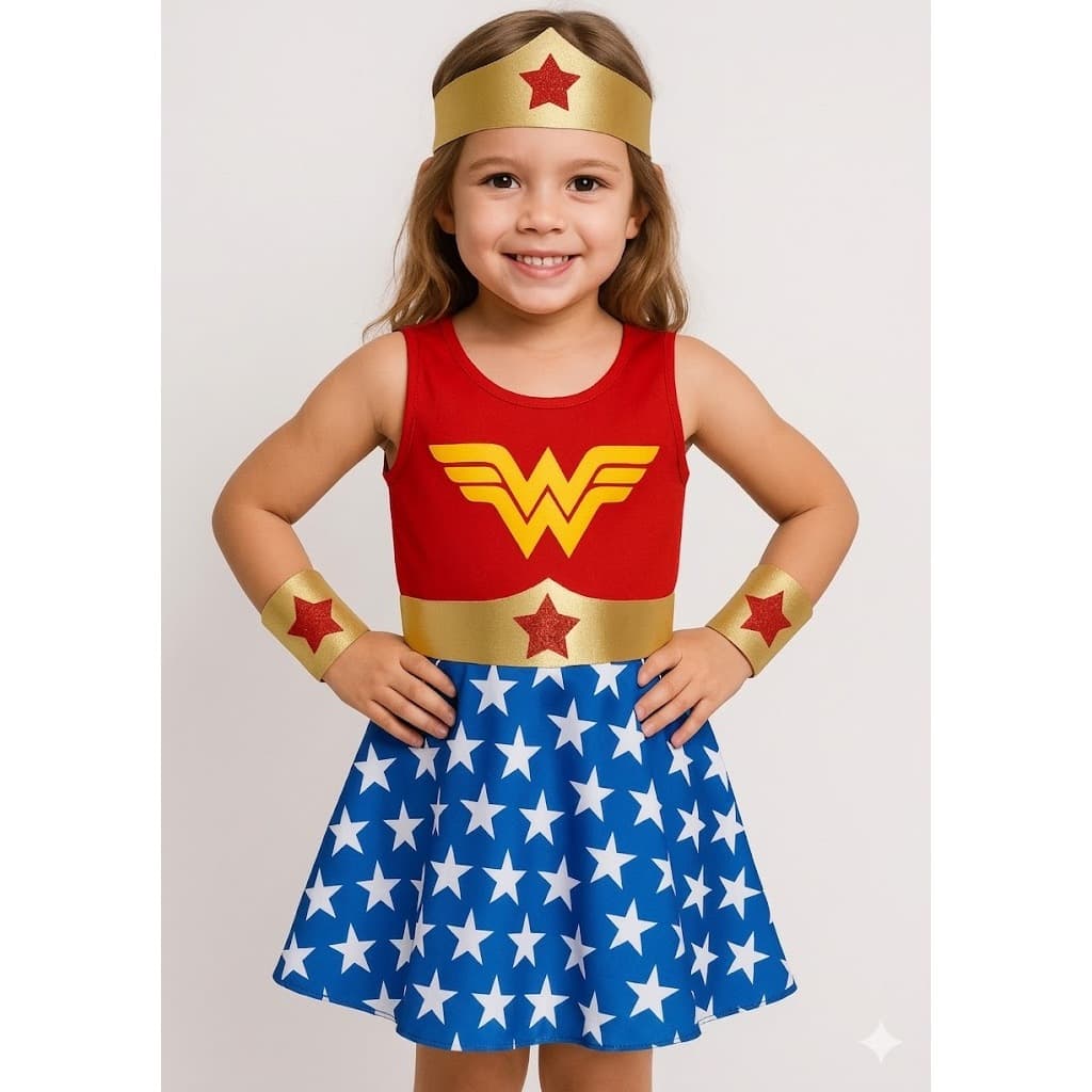 Fantasia Temática Mulher Maravilha Luxo Infantil Feminina Princesa Menina barato