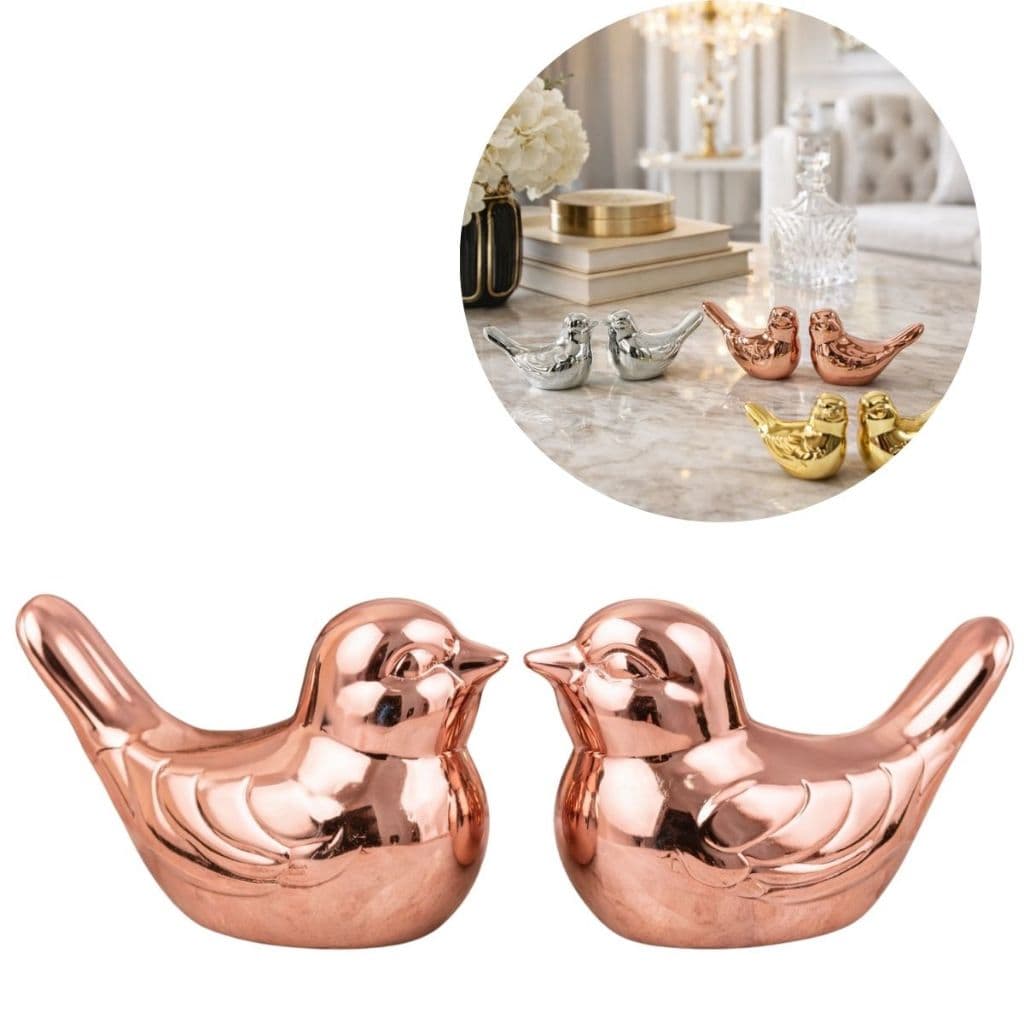 02 Enfeite decorativo Passarinho  em cerâmica metalizada cores -Prata Dourado Rose ou Preto