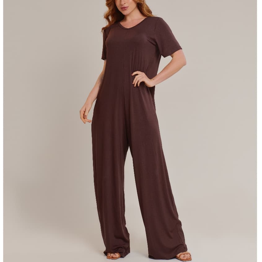 Macacão Feminino Longo Pantalona Com Bolsos Manga Curta Soltinho Liso