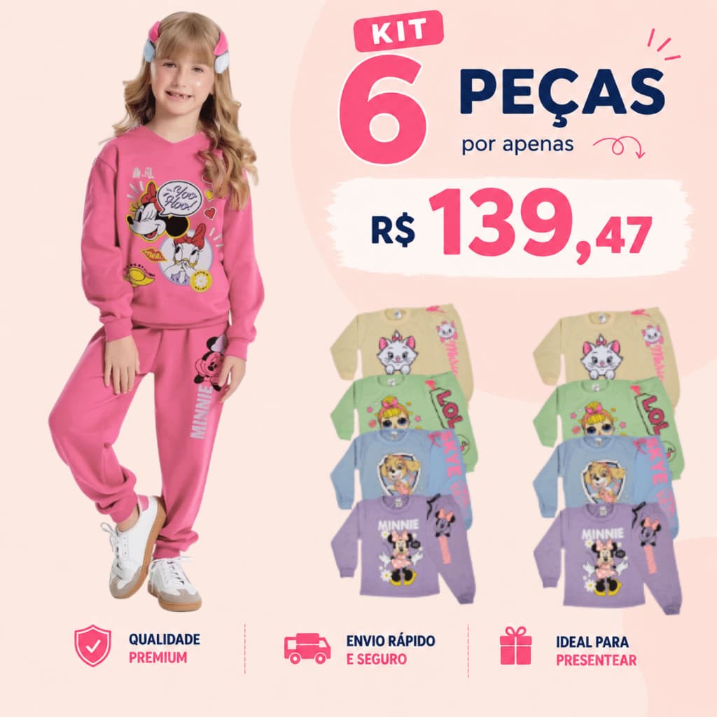 Kit Peças Conjunto Moletom Infantil Menina Inverno Peluciado