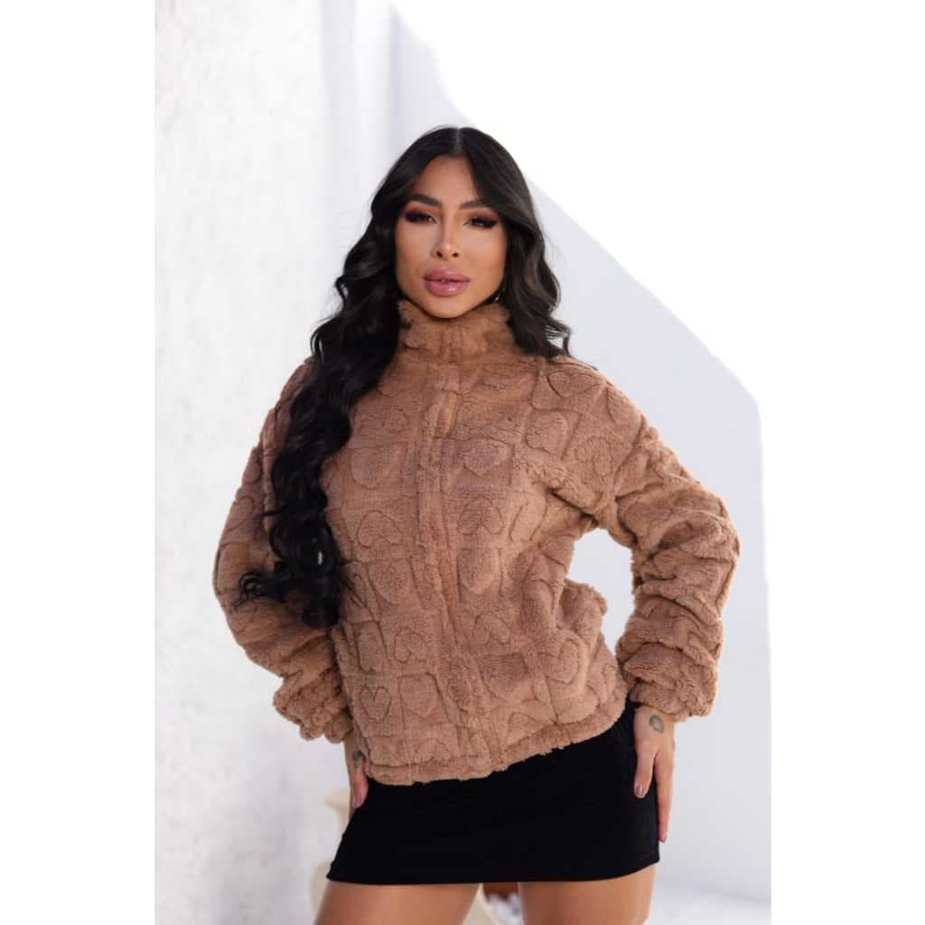 Casaco Teddy Feminina Peluciada Corações Zipada Com Bolso  Inverno Moda Blogueira Casual Quentinha