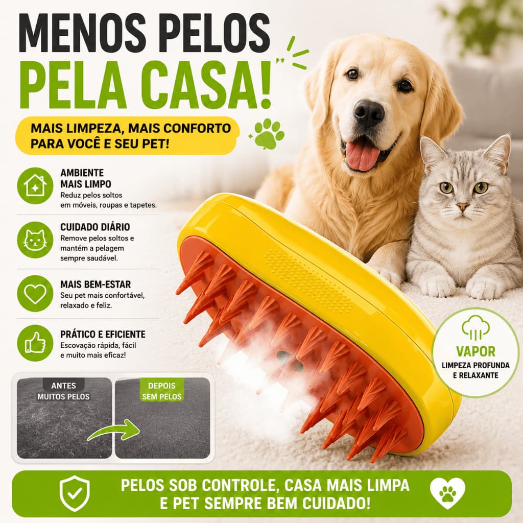 Escova Removedora de Pelos Pets Recarregável com Vapor para Cães e Gatos (cores sortidas)