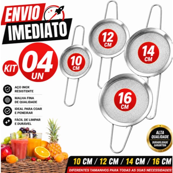KIT 4 Peneiras Inox Malha Fina 10/12/14/16 CM – Resistente Multiuso para Cozinha e Sucos