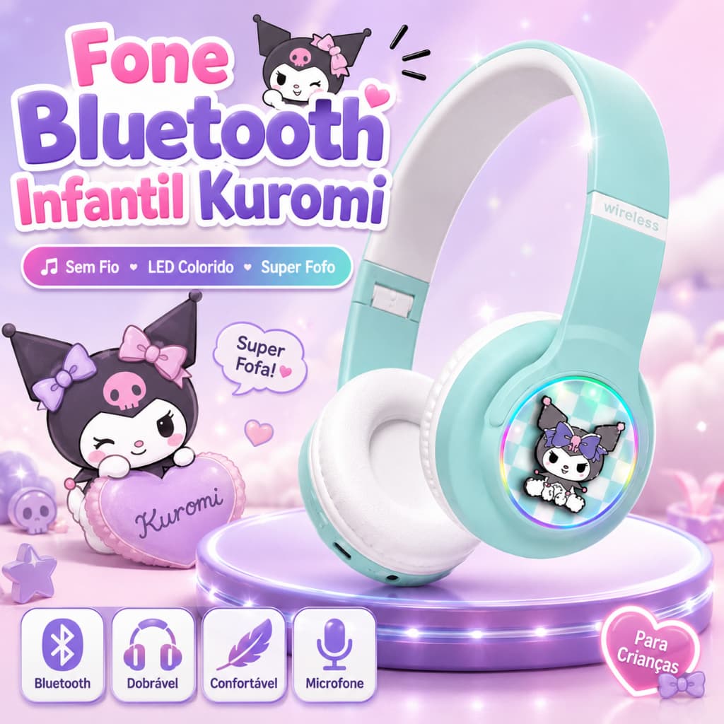 Kuromi Sanrio Fones de Ouvido Infantil - MA-9 Bluetooth Sem Fio