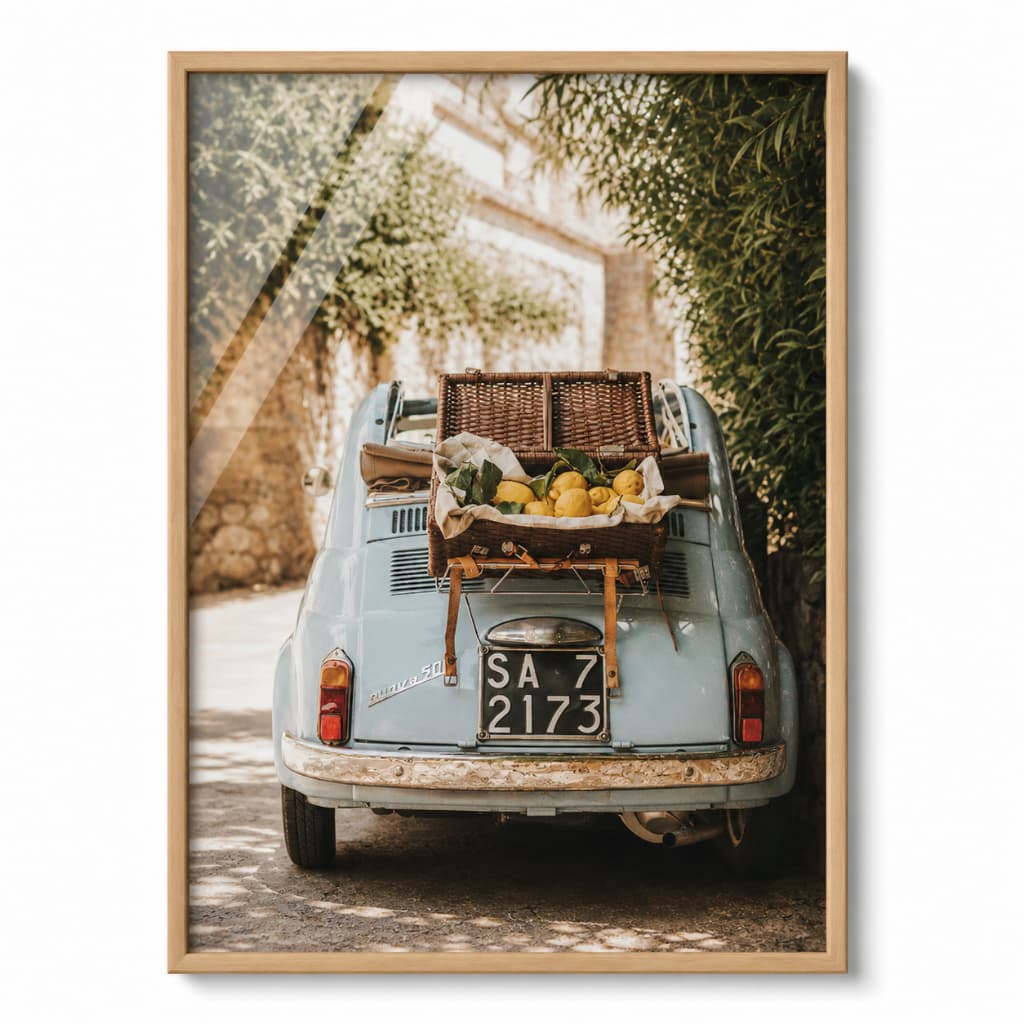 Quadro Decorativo Itália Rústico Carro Antigo E Cesta De Limão com Moldura e Vidro