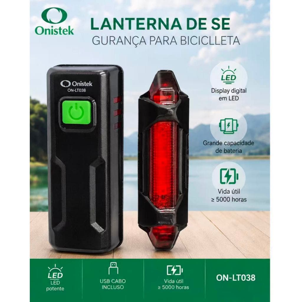 Kit Lanterna LED para Bicicleta Recarregável USB Tipo-C Onistek ON-LT038 Luz Traseira Segurança Bike