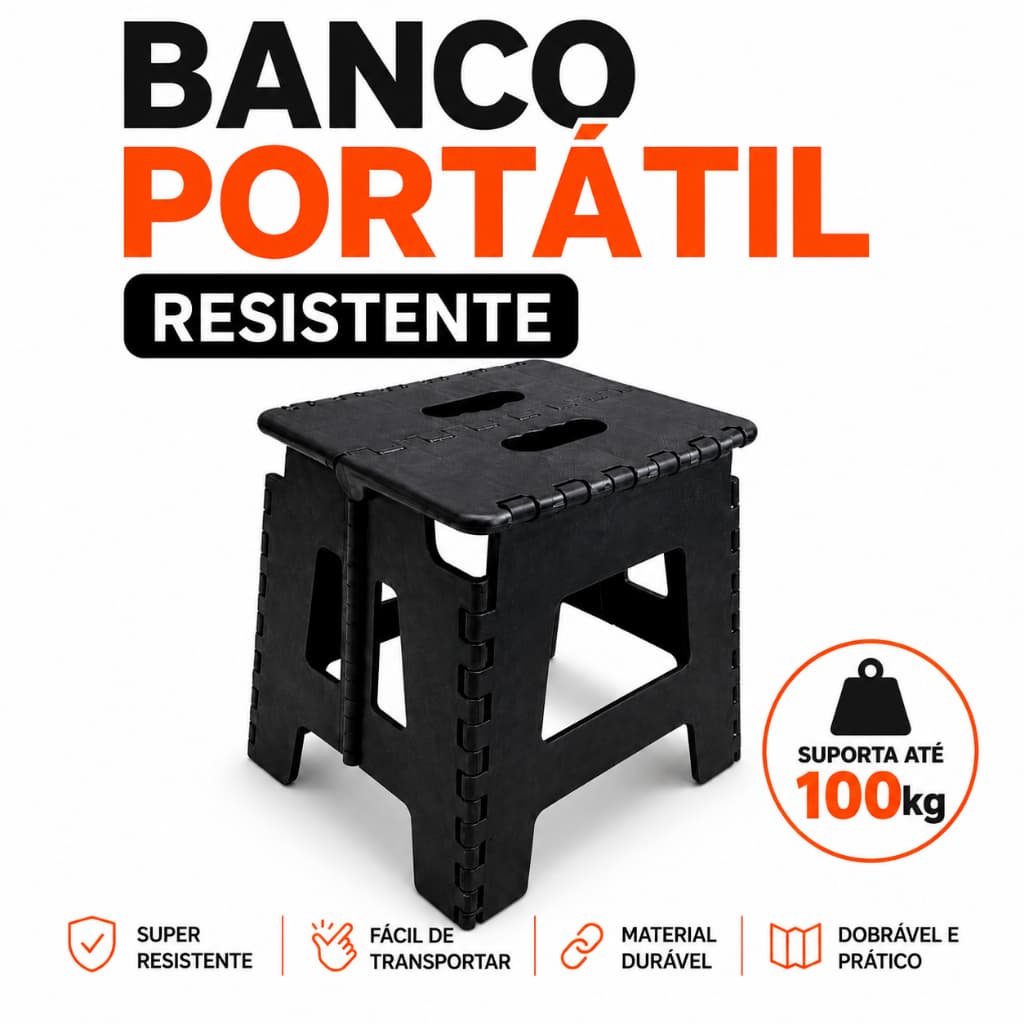 Banqueta Portátil 100kg Plástico Dobrável Reforçado com Alça Assento Compacto Camping Pesca Praia Casa Viagem