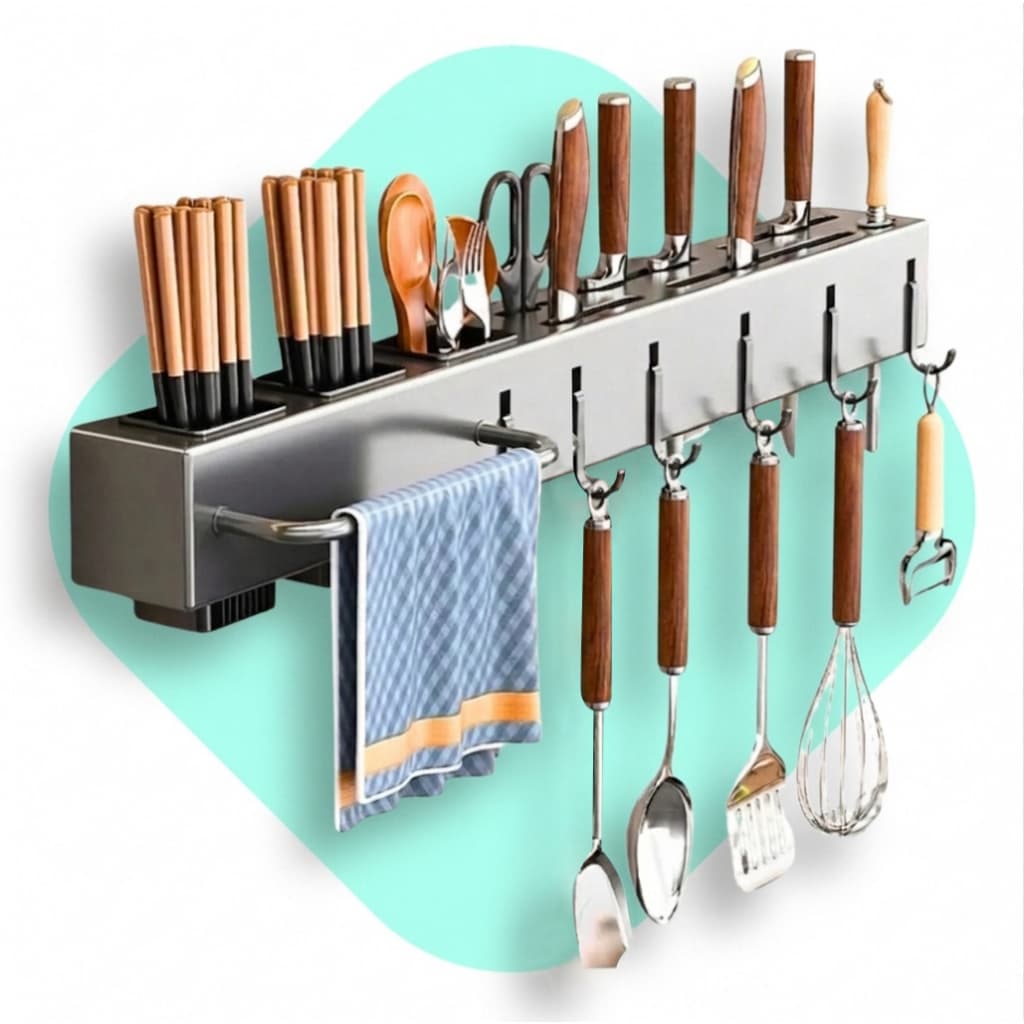 Suporte Organizador Utensílios Cozinha 6 Ganchos Multifuncional Cinza
