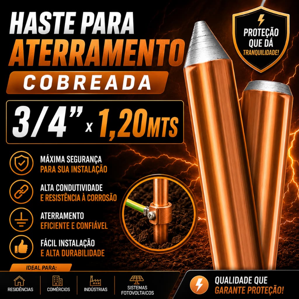 Haste para Aterramento Cobreada 3/4 x 1,20mts -(Kit ou Unidade)