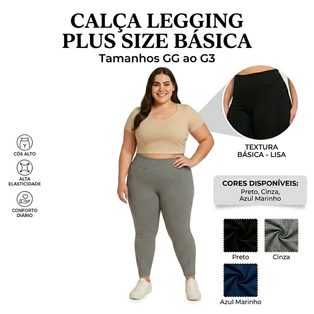 Calça Legging Feminina Plus Size Lisa Cintura Alta Básica Tamanhos GG G1 G2 G3