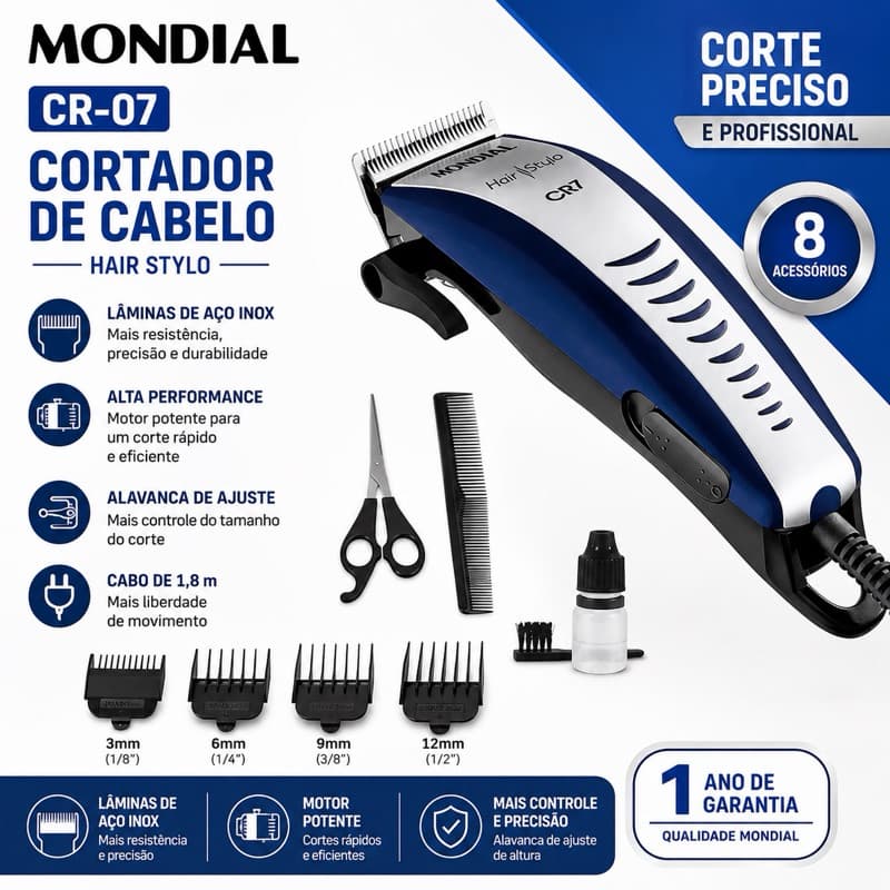 Máquina De Cortar Cabelos Hair Stylo Cr-07 Mondial Com Lâminas de Aço Inox Aparador de Pelos