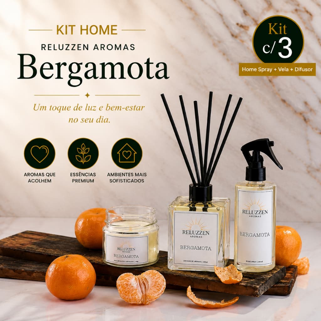 Kit Aromatizador Bergamota Difusor de Ambiente com Varetas Home Spray Vela Aromática Perfume Casa