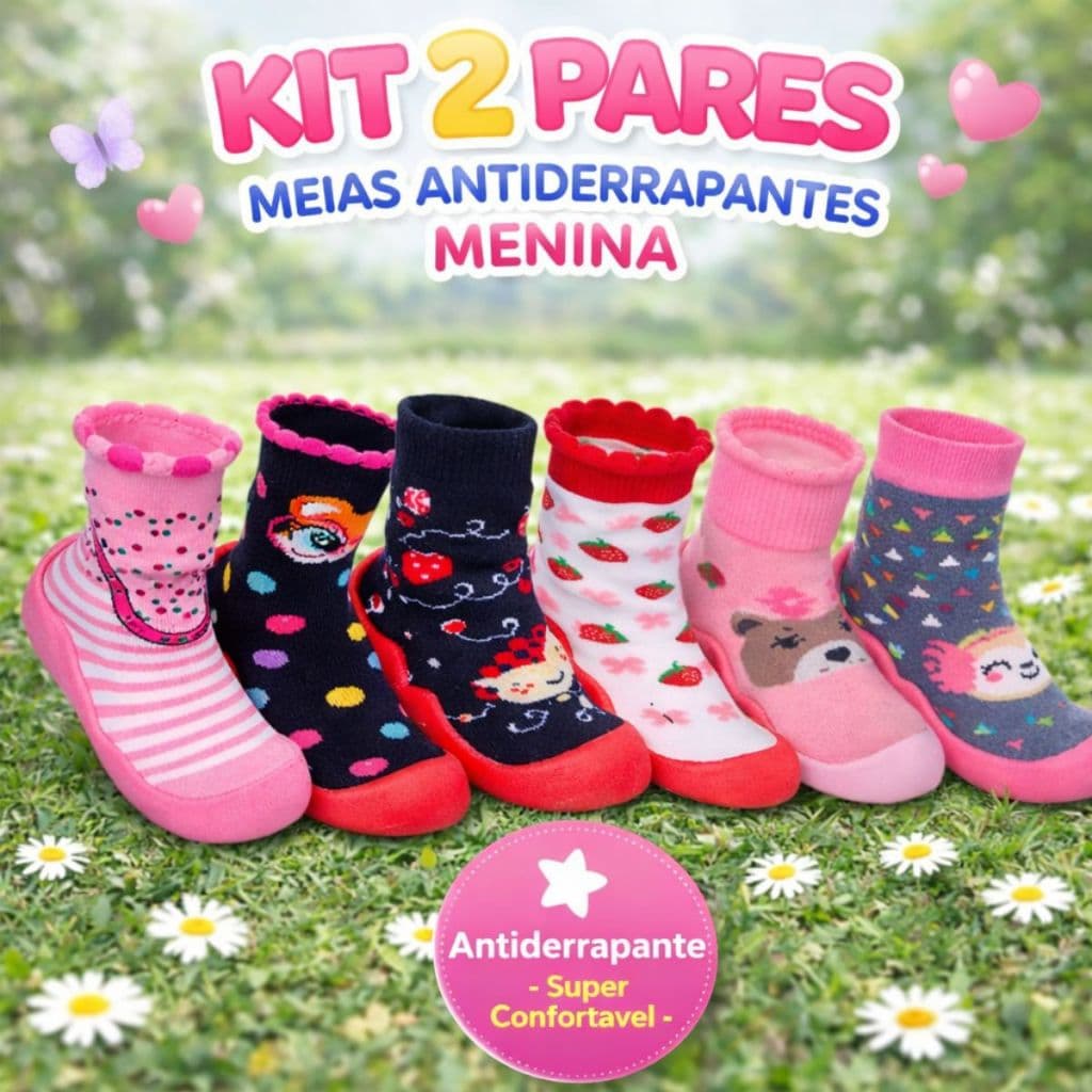 Kit 2 Pares Meia Antiderrapante Infantil Meninas Inverno Bebê Sola Emborrachada Calce Fácil