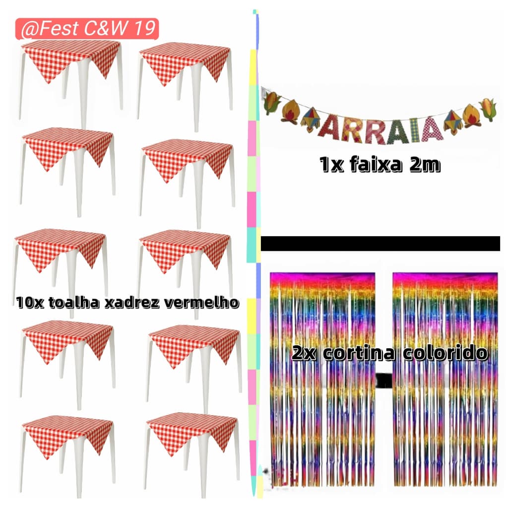 Kit Decoração Festa Junina São João 10 Toalha e Cortinas Colorido com Faixa Arraia