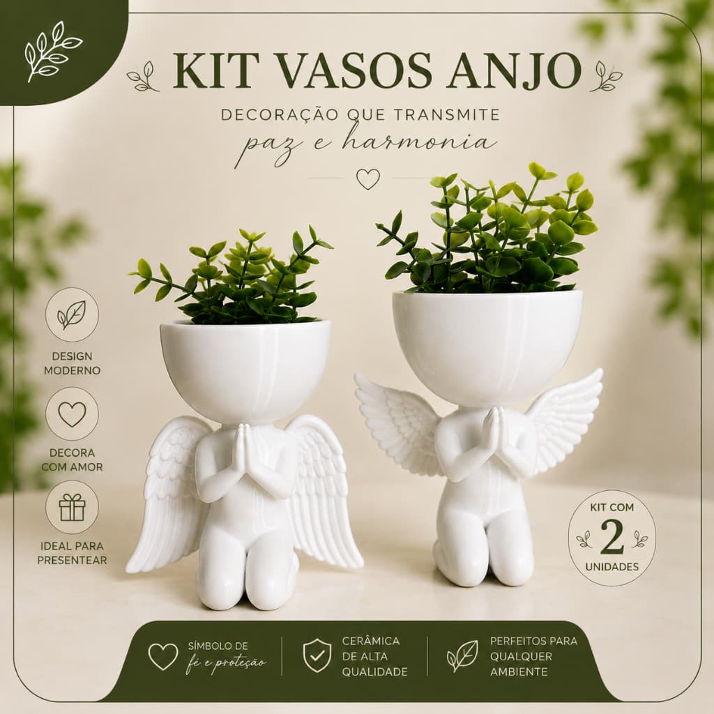 Kit Vaso Decorativos Anjos Orando | Decoração Para Casa | Brinde Plantinhas Artificiais