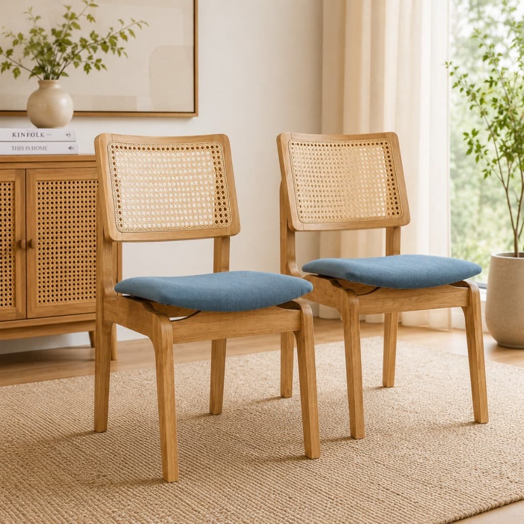 Kit Com 2 Cadeiras Madeira Maciça Reforçada Pesada Estofada Encosto Rattan Linho/Couro Verde Musgo