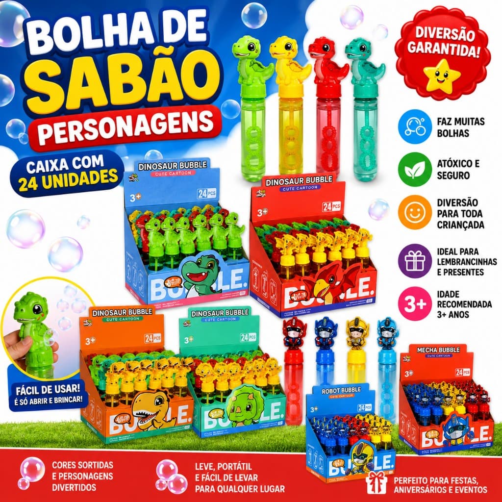 Bolha Sabão TEMATICO CX C/24 tubos COLORIDOS 50ml cada ESCOLHA O TEMA FAVORITO DIVERSAO É GARANTIDA!