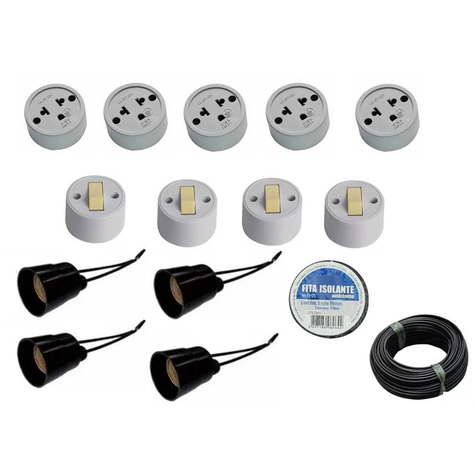 Kit iluminação simples - 4 interruptor ~ 5 tomada ~ 4 soquete para lâmpada ~ 1 fita isolante ~10m fio 2,5mm