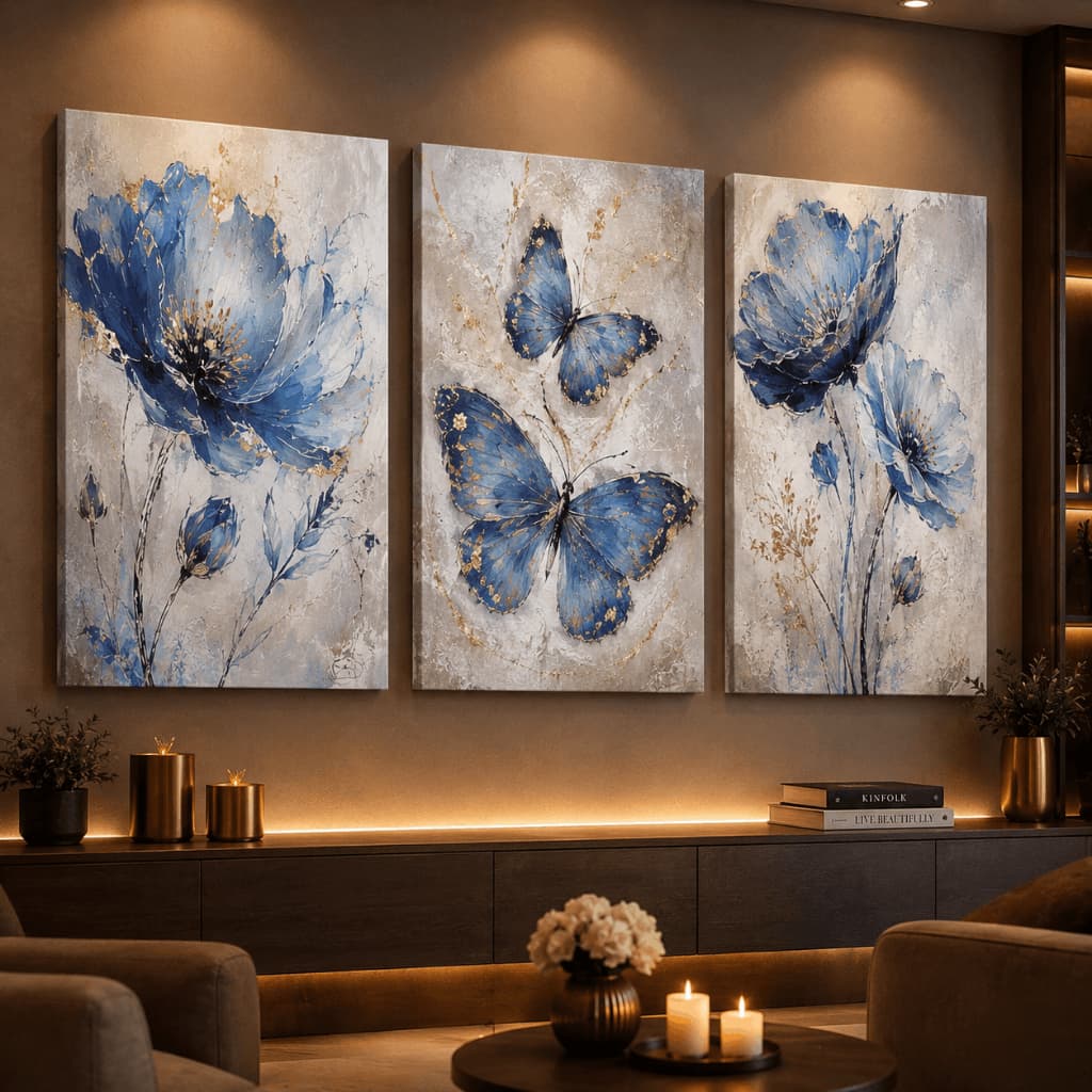 Kit 3 Quadros Decorativos Flores Azuis Borboletas Abstrato Luxo Sala Quarto MDF Sem Moldura