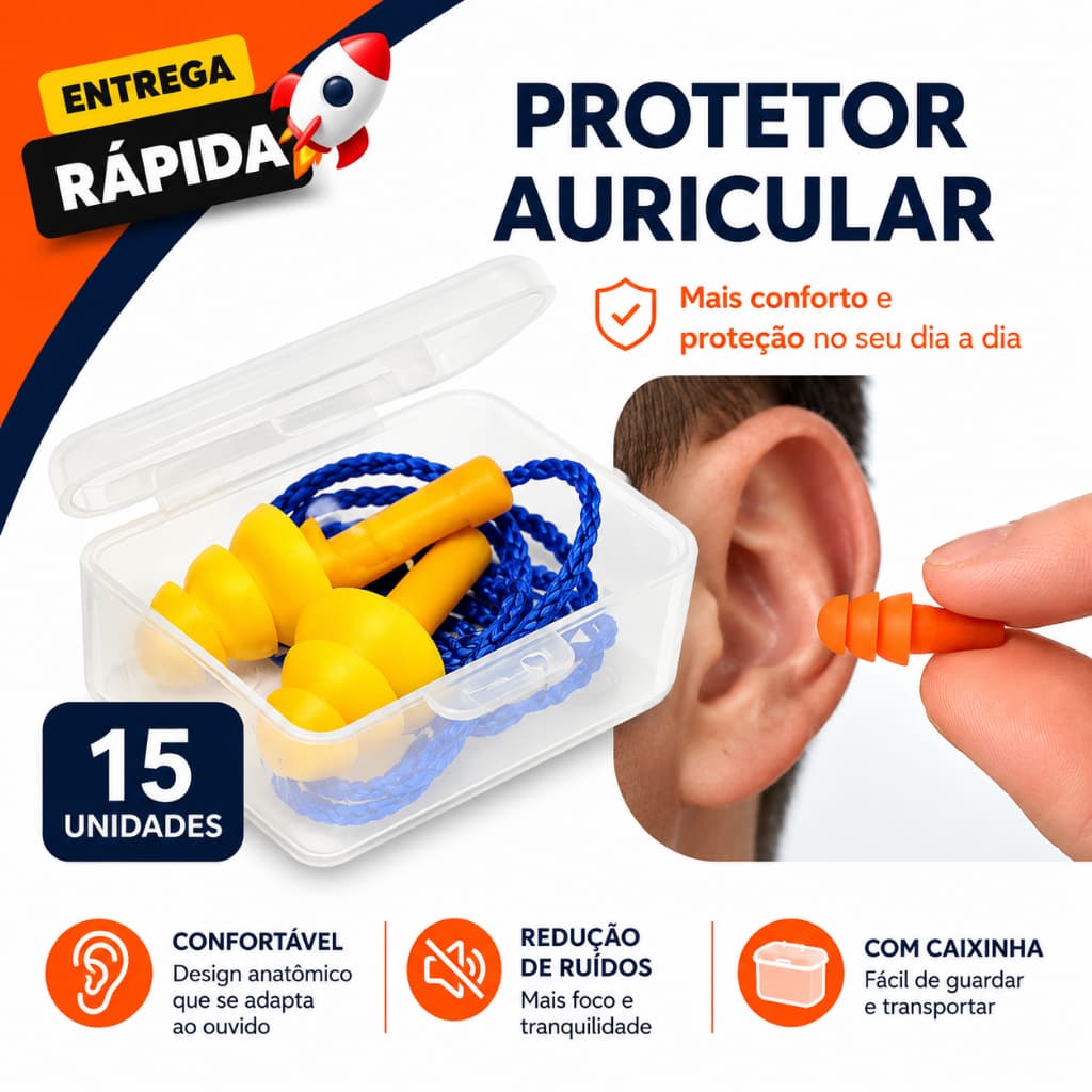 Kit Protetor Auricular Plug Silicone Com Cordão Anti Ruído Dormir Estudar Autismo Trabalho EPI