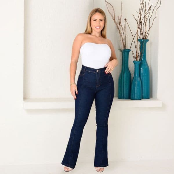 Calça Flare Feminina Premium Cintura Alta Jeans Modeladora Empina Bumbum Alonga Silhueta Calça Jeans Feminina Flare Azul
