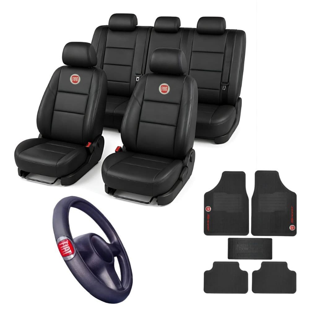 Kit Capa Banco 100% Couro Tapete Capa Volante Para Fiat