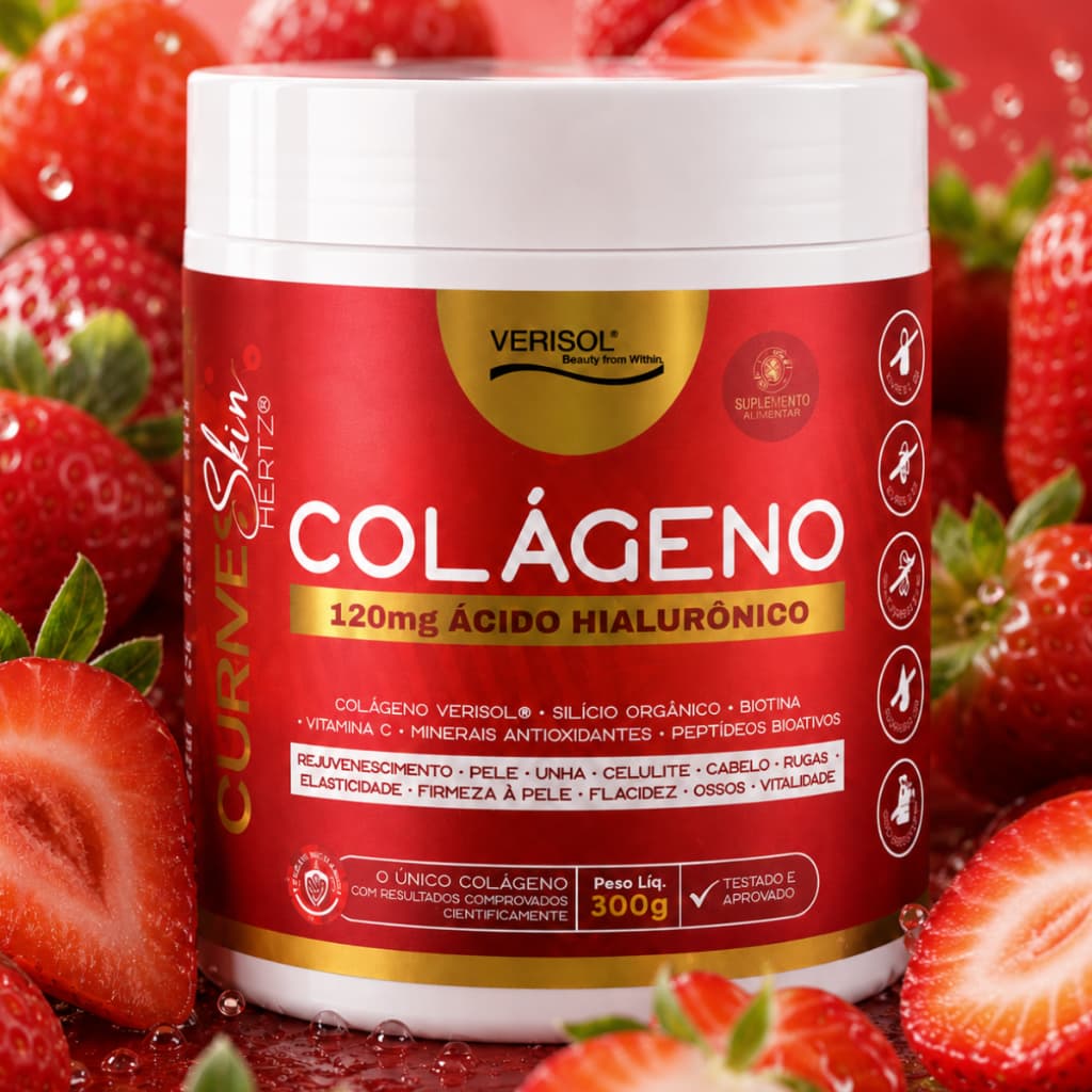 Colágeno em Pó Verisol 50 doses Abacaxi ou Morango 120mg Ácido Hialurônico Vitaminas Bem Estar Receitas