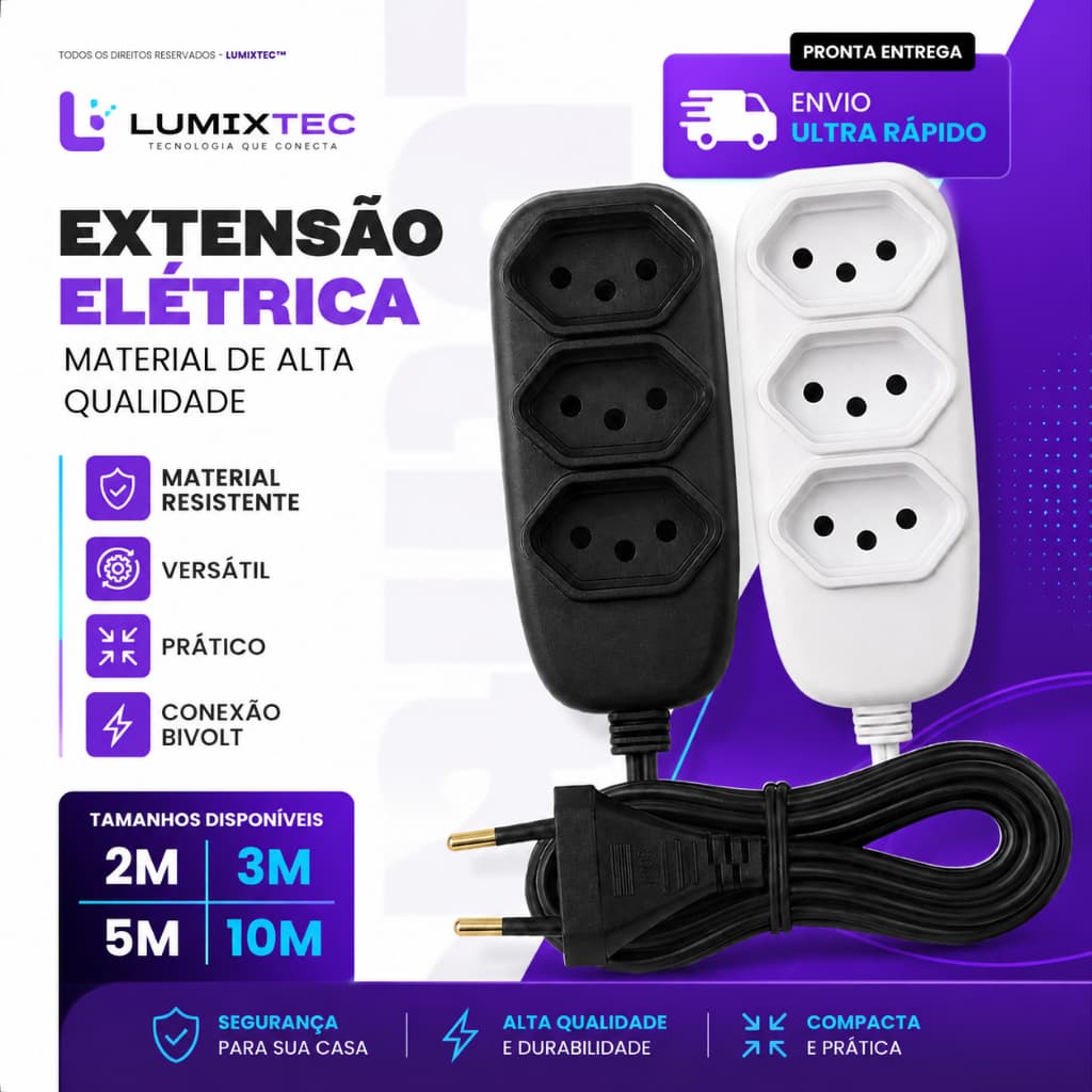 Extensão Elétrica 2, 3, 5 ou 10 Metros 110/220v Bivolt Tripolar 10A Resistente Cor Branca Preta
