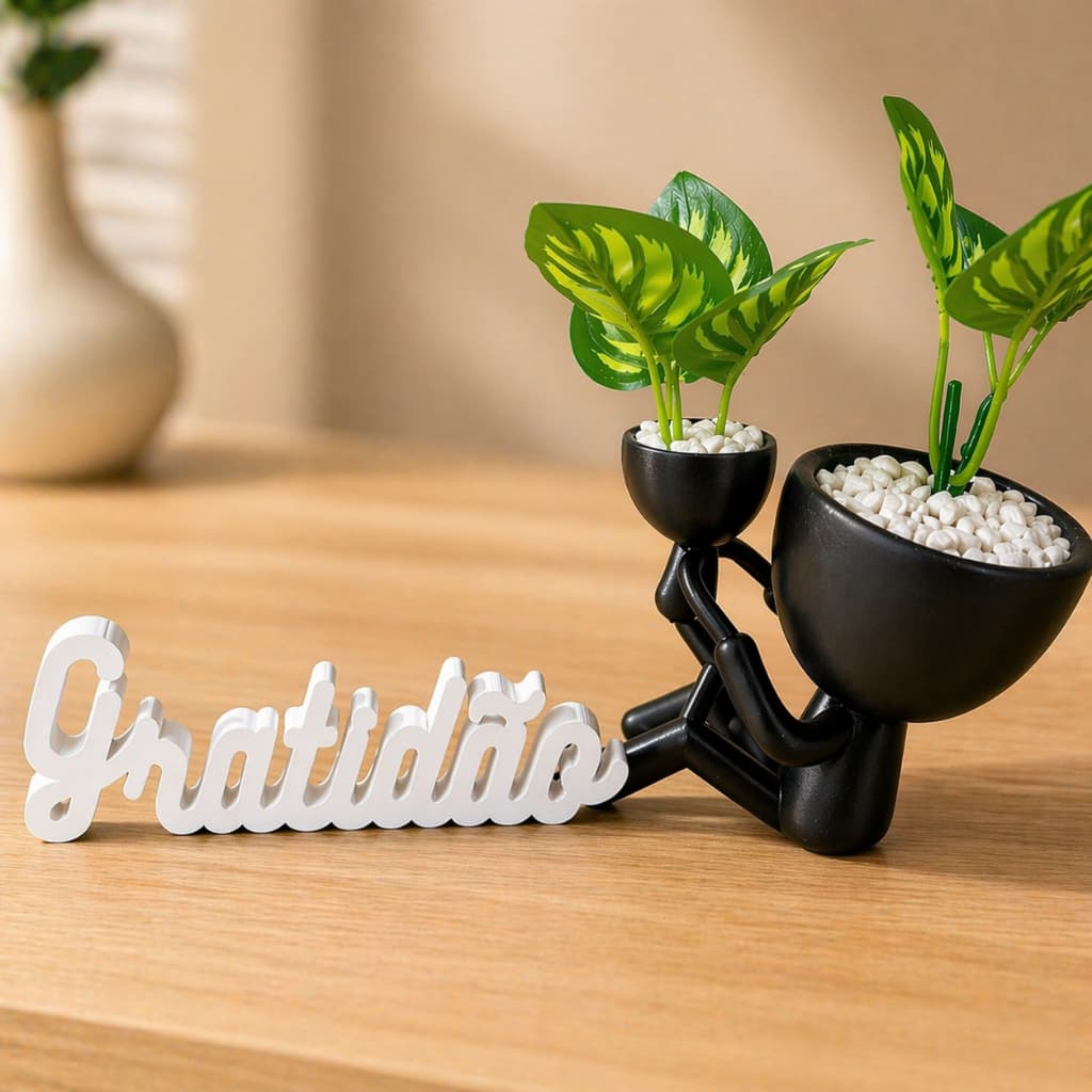 Mini Vaso Mãe e Filho frase Gratidão Porta KIT Decorativo COM Planta e Pedrinha| Pronto Para Decorar