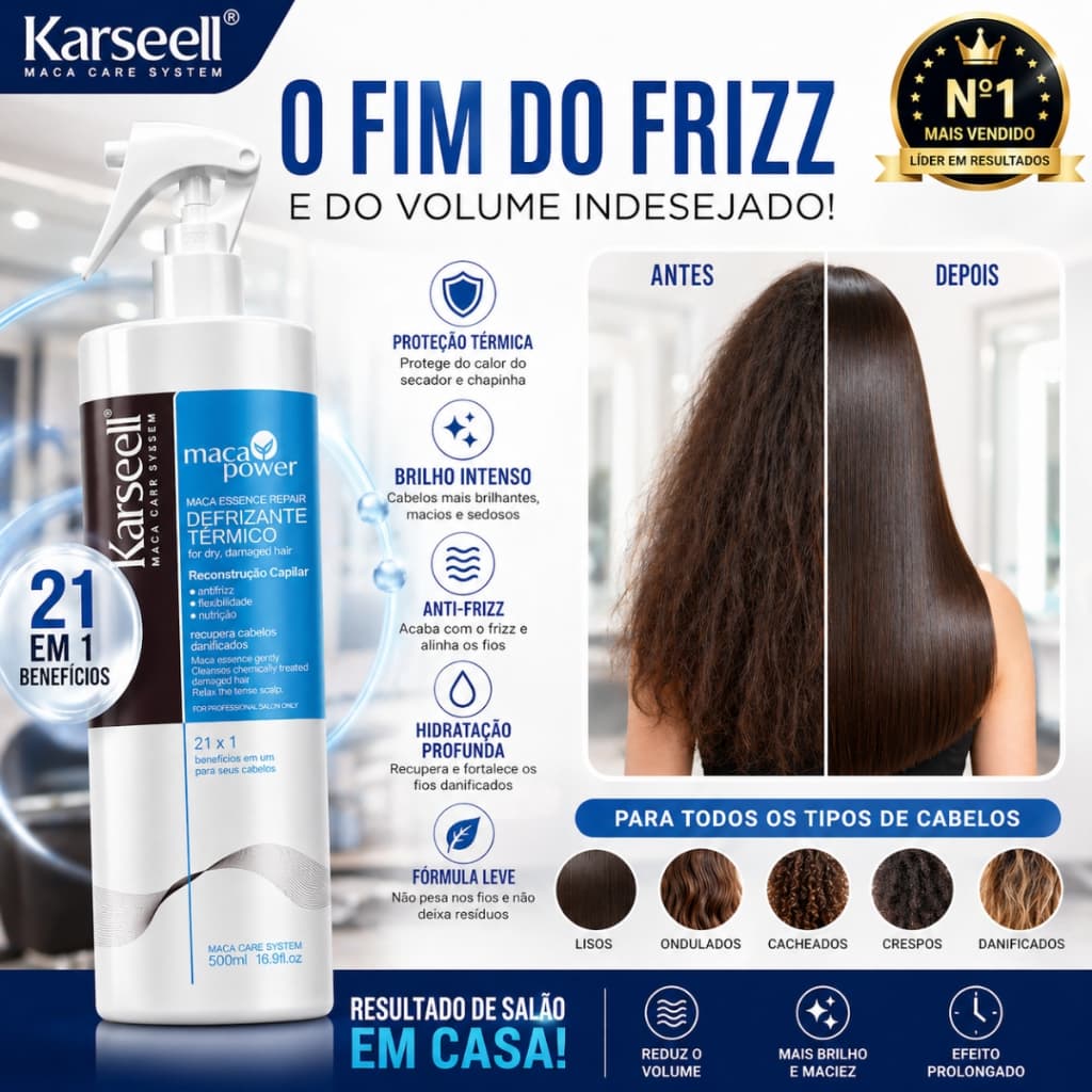 Defrizante Karseell Obrigatorio ProteçãoTérmico Reconstrução Capilar Cura Fio - 500ml
