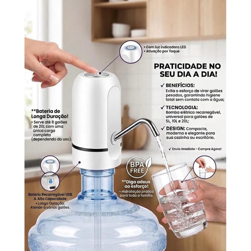 Bomba Elétrica para Galão de Água Recarregável USB Universal 5L 10L 20L