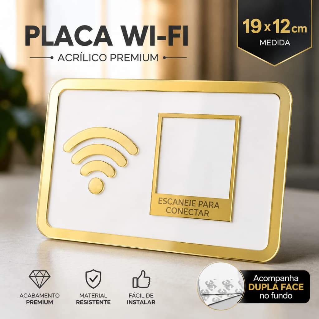 Placa WiFi em Acrílico com Espaço para QR Code 19x12 cm Decorativa