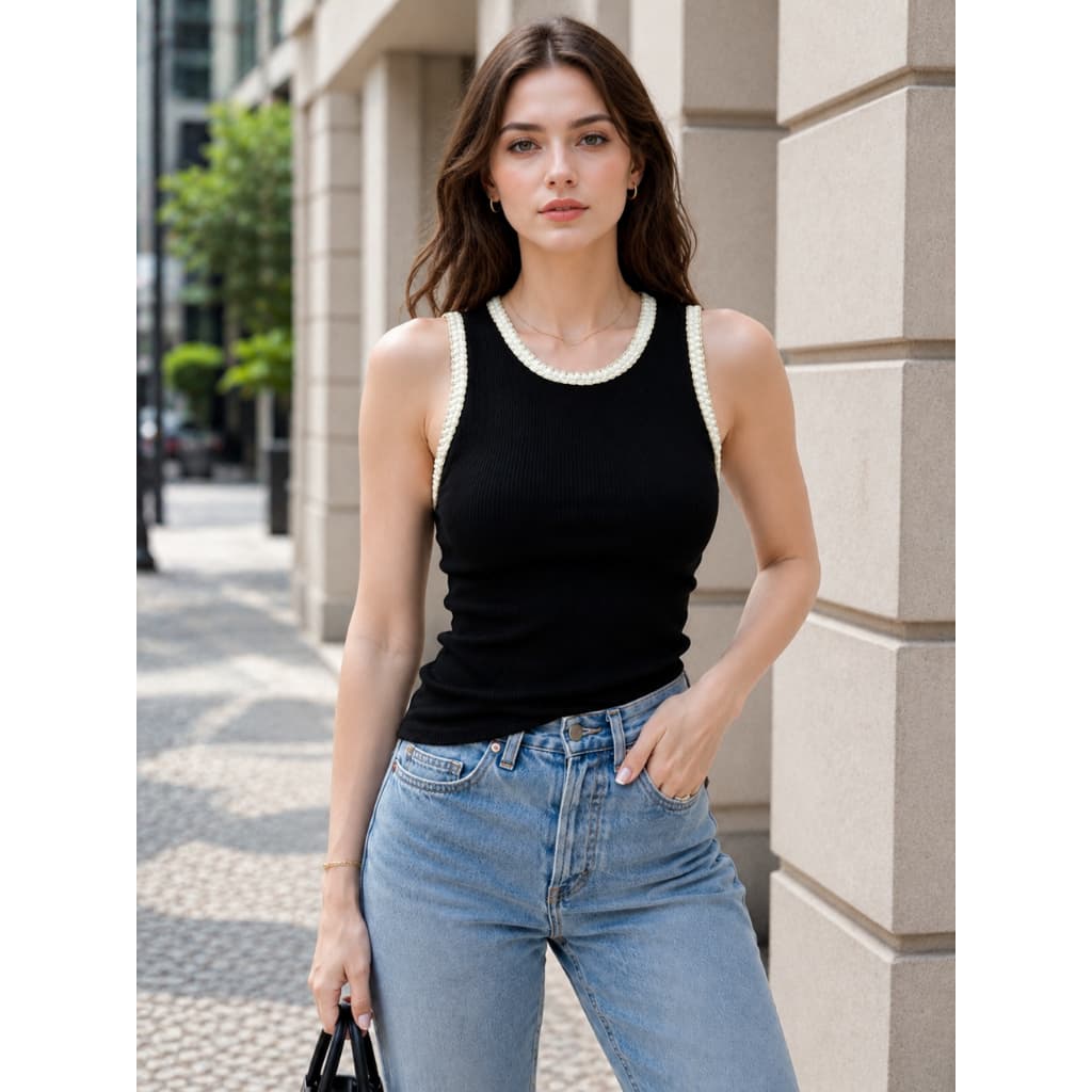 Regata Feminina Canelada Premium Preto com Detalhe Contrastante Moda Casual Slim Elegante Verão