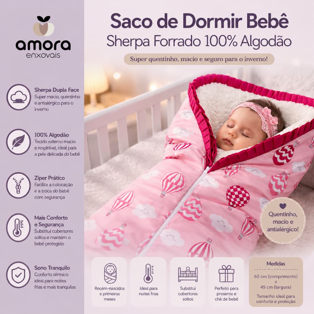 Saco de Dormir Bebê Sherpa Forrado 100% Algodão com Zíper Antialérgico Inverno Super Quentinho