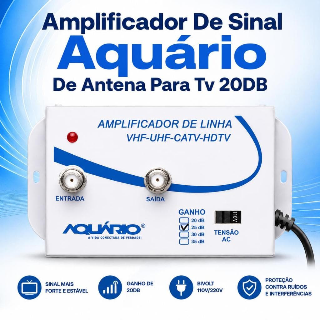 Amplificador De Sinal Aquário 20DB Para Antena TV Digital HDTV VHF UHF Bivolt
