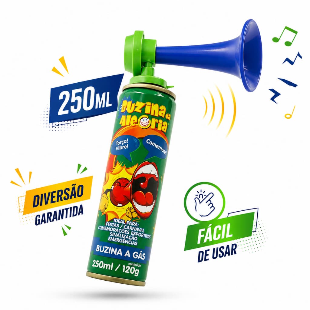 Buzina da Alegria Brasil Spray Grande com Corneta 250ml Copa do mundo Torcida