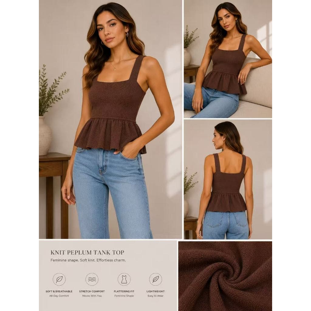 Blusa Regata Feminina em Tricô Modal com Babado Peplum com fio kamaleao