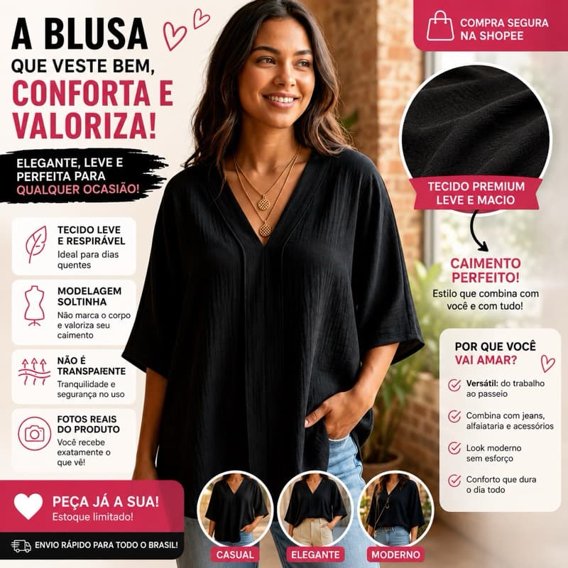 Bata Blusa Feminina Soltinha Moda Casual Chic