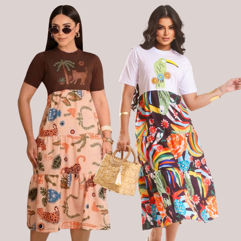 Kit Vestido Feminino Midi Moda Evangélica Elegante Moda Casual Costa Estampado Slik Soltinho Estampa