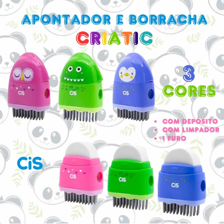 Apontador com Depósito 1 Furo e Borracha com Limpador Criatic 3 Cores Unitário | CIS