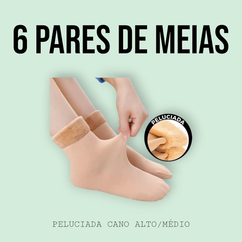Kit 6 Pares de Meia Feminina Peluciada Bege Meias Flaneladas Cano Médio Alto Quentinha Inverno Frio