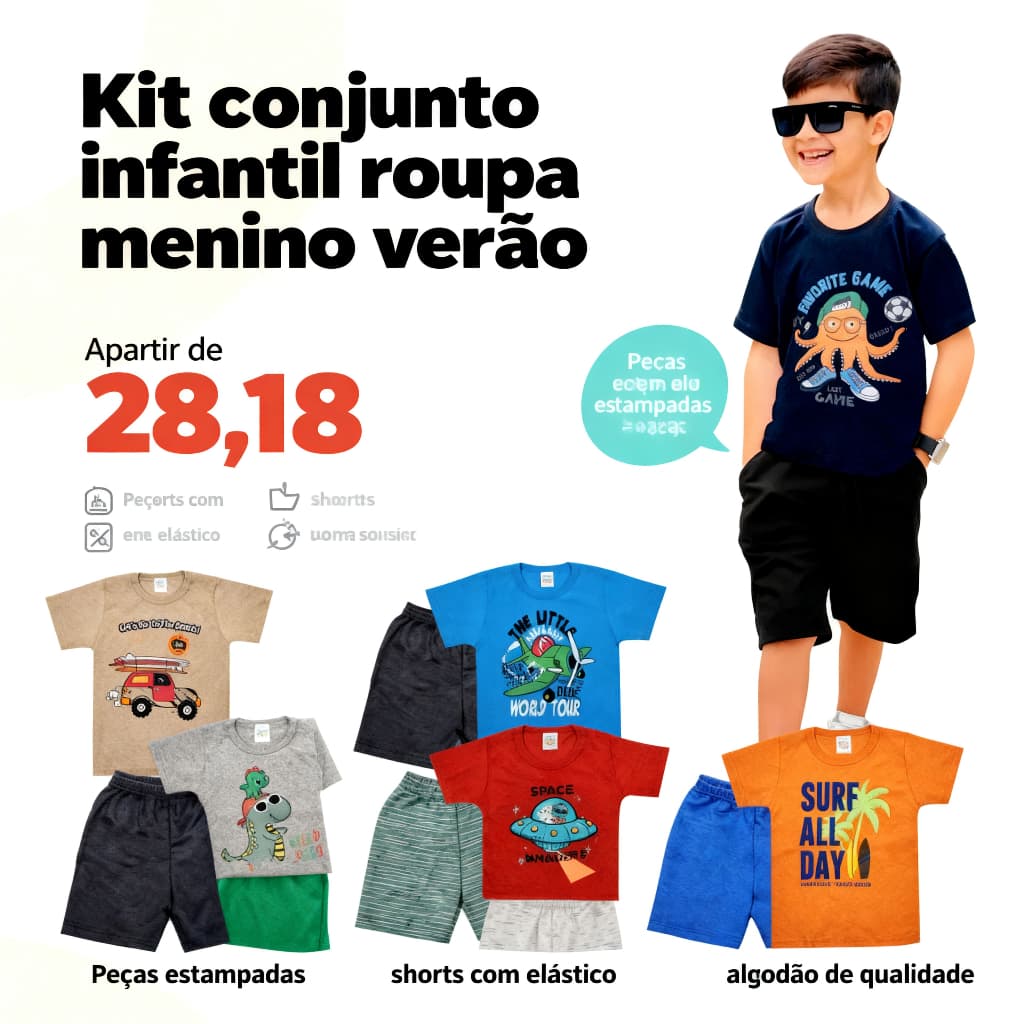 Kit 2 4 8 ou 10 Peças Roupa Infantil Menino Verão Conjunto Menino Infantil e Juvenil