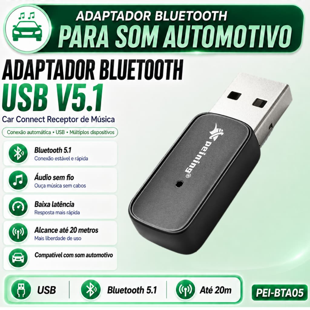 Adaptador Bluetooth Som Automotivo USB V5.1 Peining PEI-BTA04 Receptor de Música Car Connect