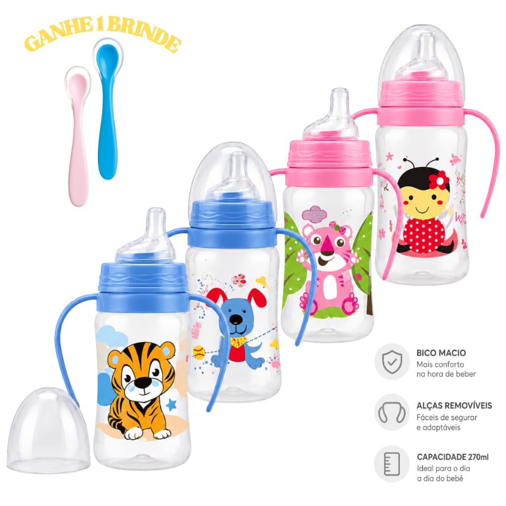 Copinho 270ml Alça Anti-Vazamento + Colher Ponta de Silicone Para Bebê